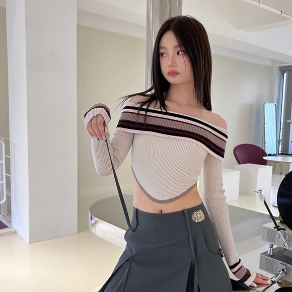 AGAM Off-The-Shoulder Striped Knit Long Sleeve Top - Picture 1 of 7